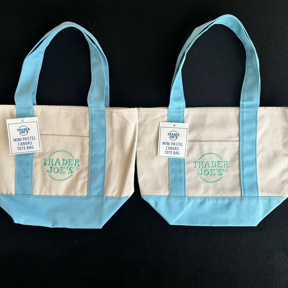 Set of 2 Blue and Cream Canvas Trader Joe Tote Bags